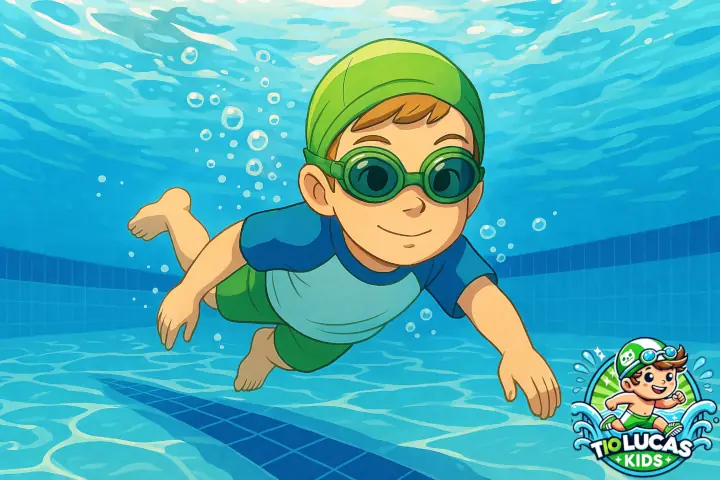 garoto nadando dentro de uma piscina, com uma camisa azul e toca e calção verdes